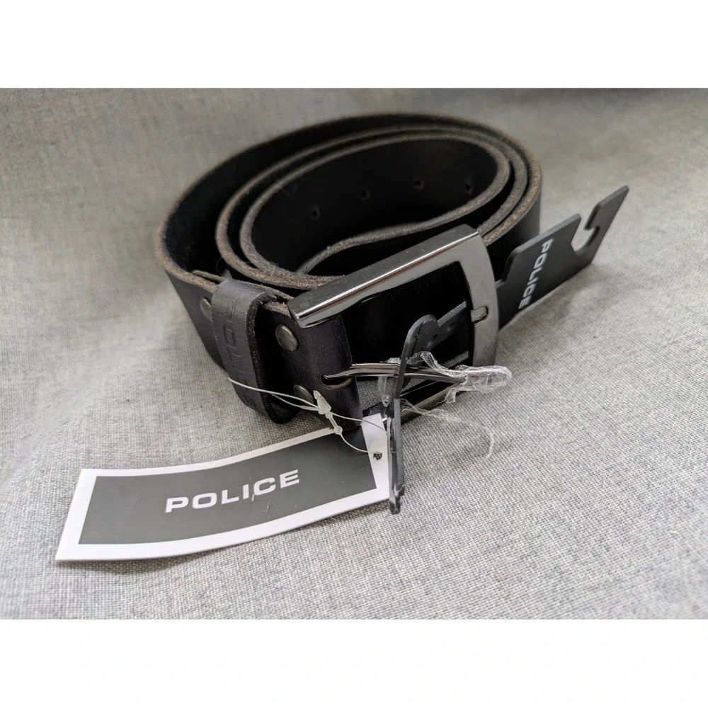 Police Genuine Black Leather Belt Silver Buckle Unisex‎ 35-39 Inch NEW